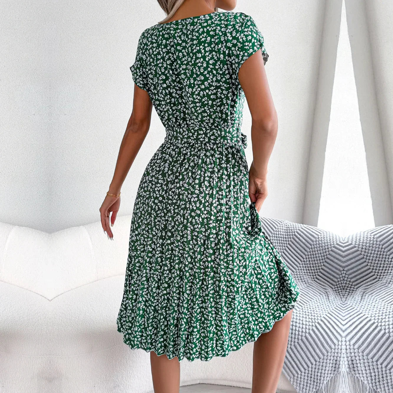 Floral Ditsy Print Short Sleeve Tie Waist Accordion Pleat Midi Dress