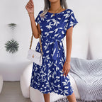 Floral Ditsy Print Short Sleeve Tie Waist Accordion Pleat Midi Dress