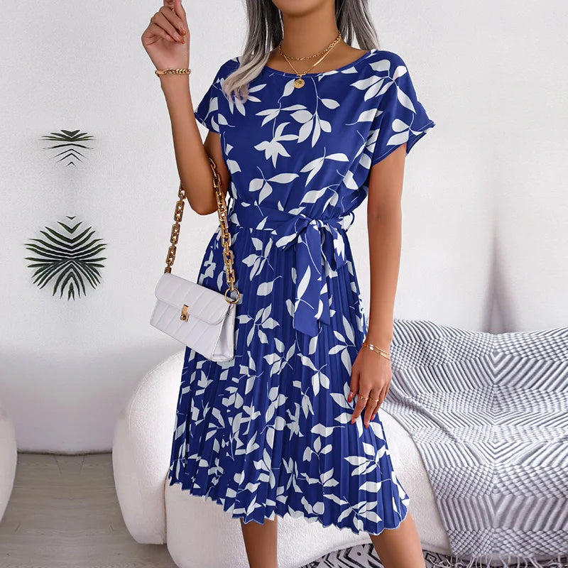 Floral Ditsy Print Short Sleeve Tie Waist Accordion Pleat Midi Dress
