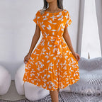 Floral Ditsy Print Short Sleeve Tie Waist Accordion Pleat Midi Dress