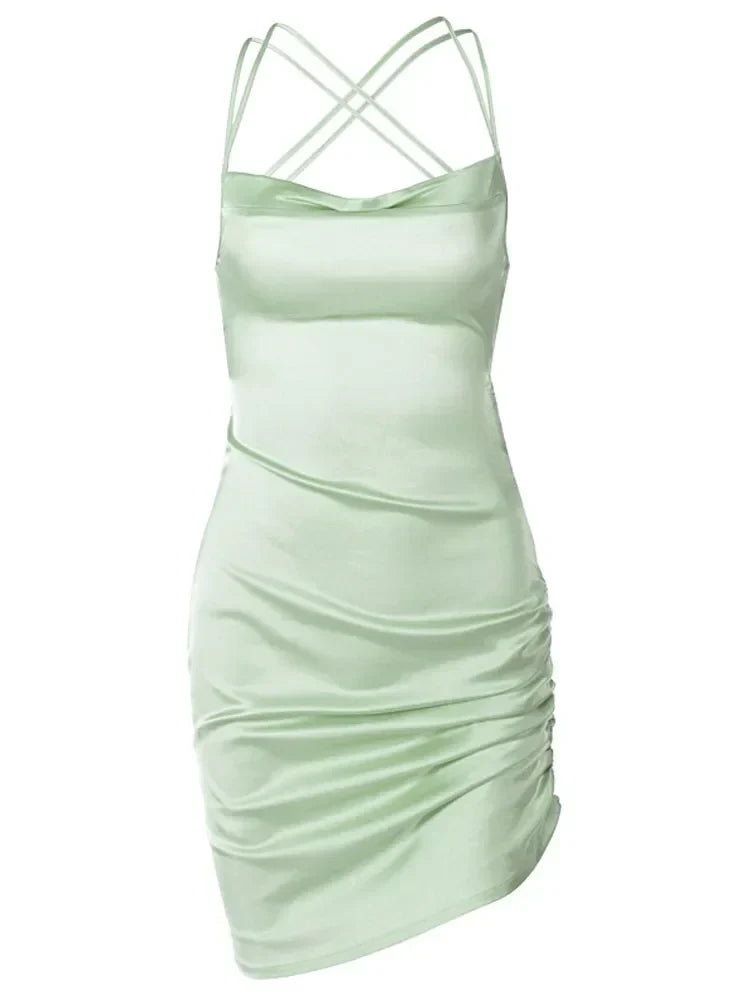 Cowl Neck Spaghetti Strap Ruched Side Slit Satin Mini Dress