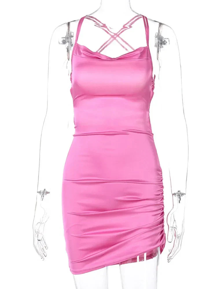 Cowl Neck Spaghetti Strap Ruched Side Slit Satin Mini Dress