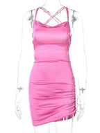 Cowl Neck Spaghetti Strap Ruched Side Slit Satin Mini Dress