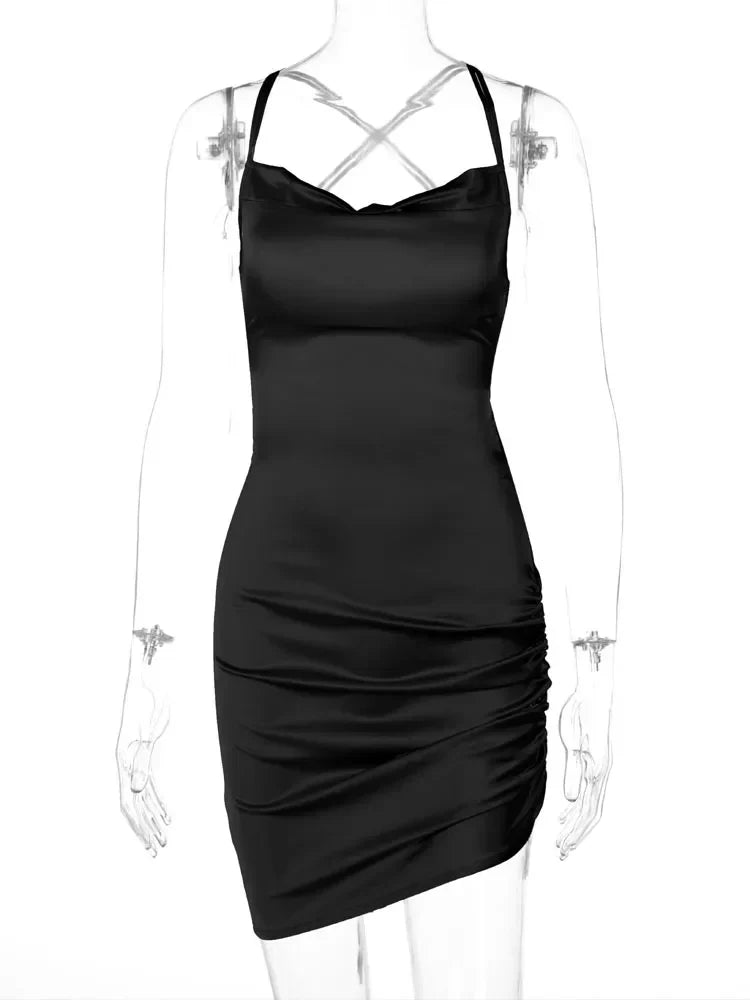 Cowl Neck Spaghetti Strap Ruched Side Slit Satin Mini Dress