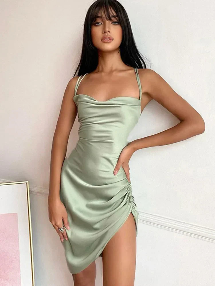 Satin Cowl Neck Spaghetti Strap Ruched Side Slit Bodycon Mini Dress