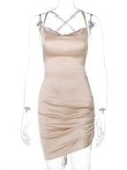 Cowl Neck Spaghetti Strap Ruched Side Slit Satin Mini Dress