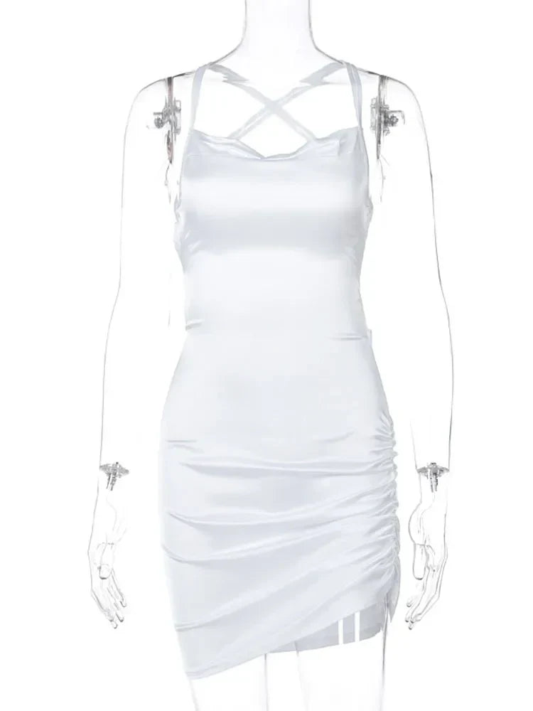 Cowl Neck Spaghetti Strap Ruched Side Slit Satin Mini Dress