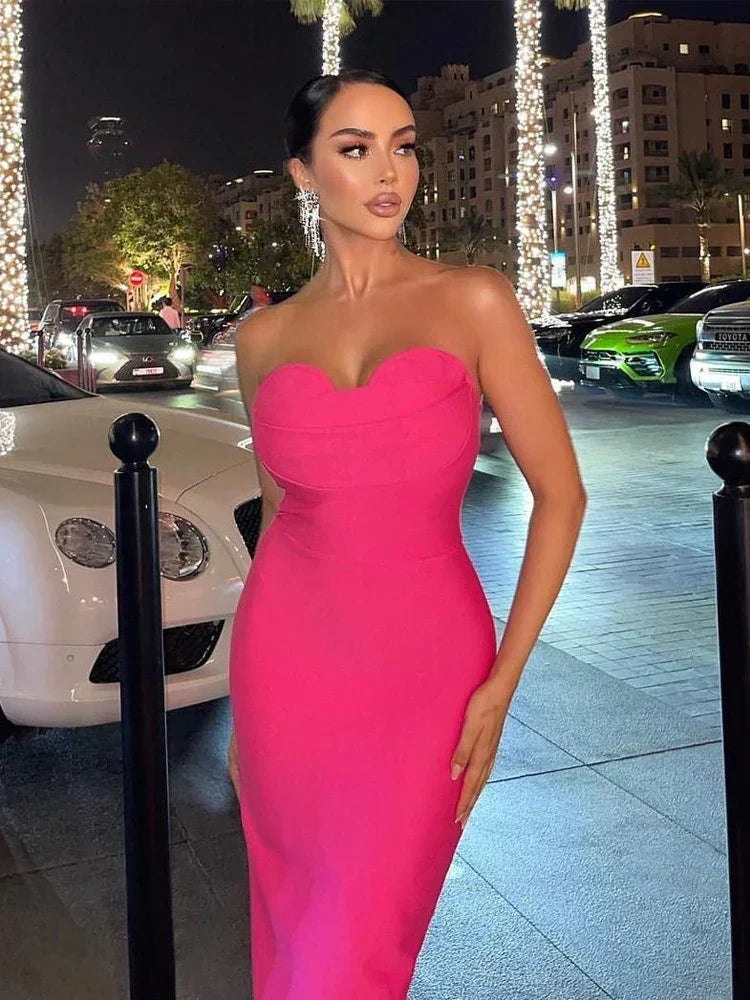 Strapless Sweetheart Cross Drape Bodycon Midi Dress