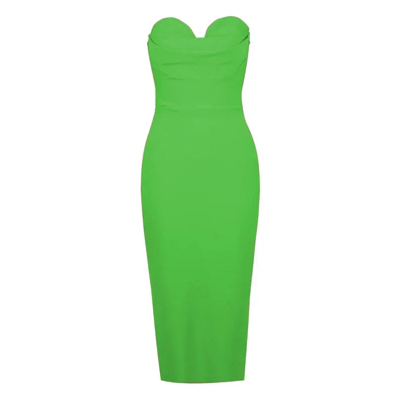 Strapless Sweetheart Cross Drape Bodycon Midi Dress