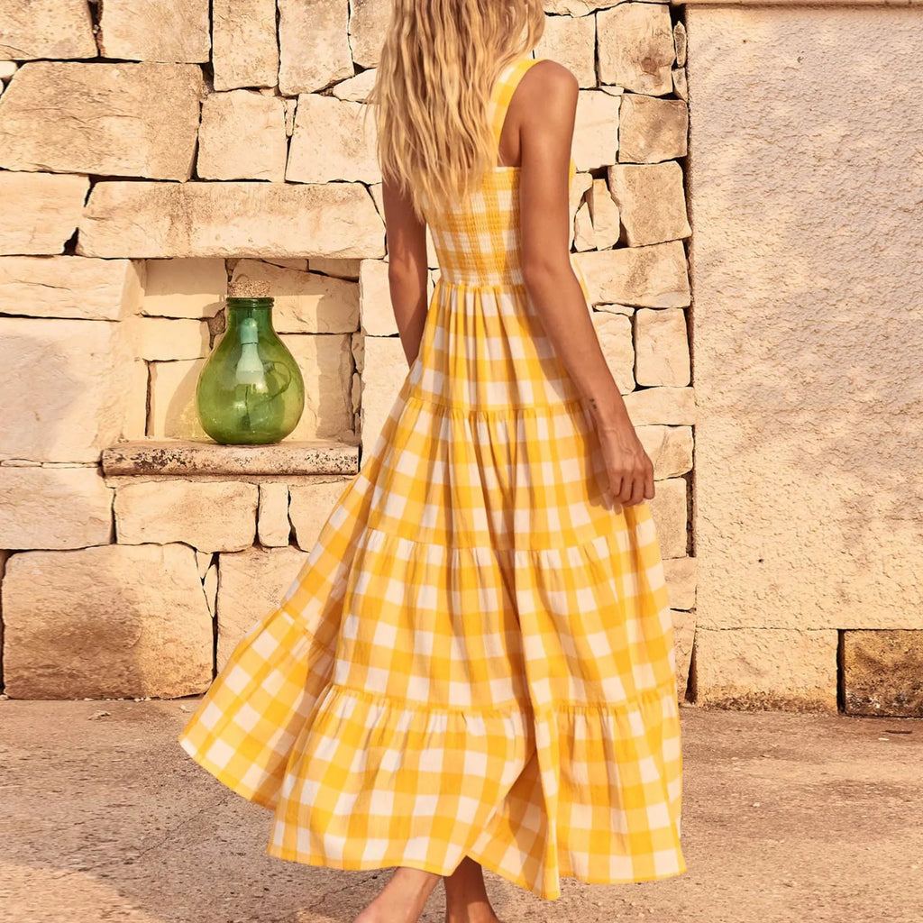 Gingham Check Smocked Square Neck Tiered Strap Midi Dress