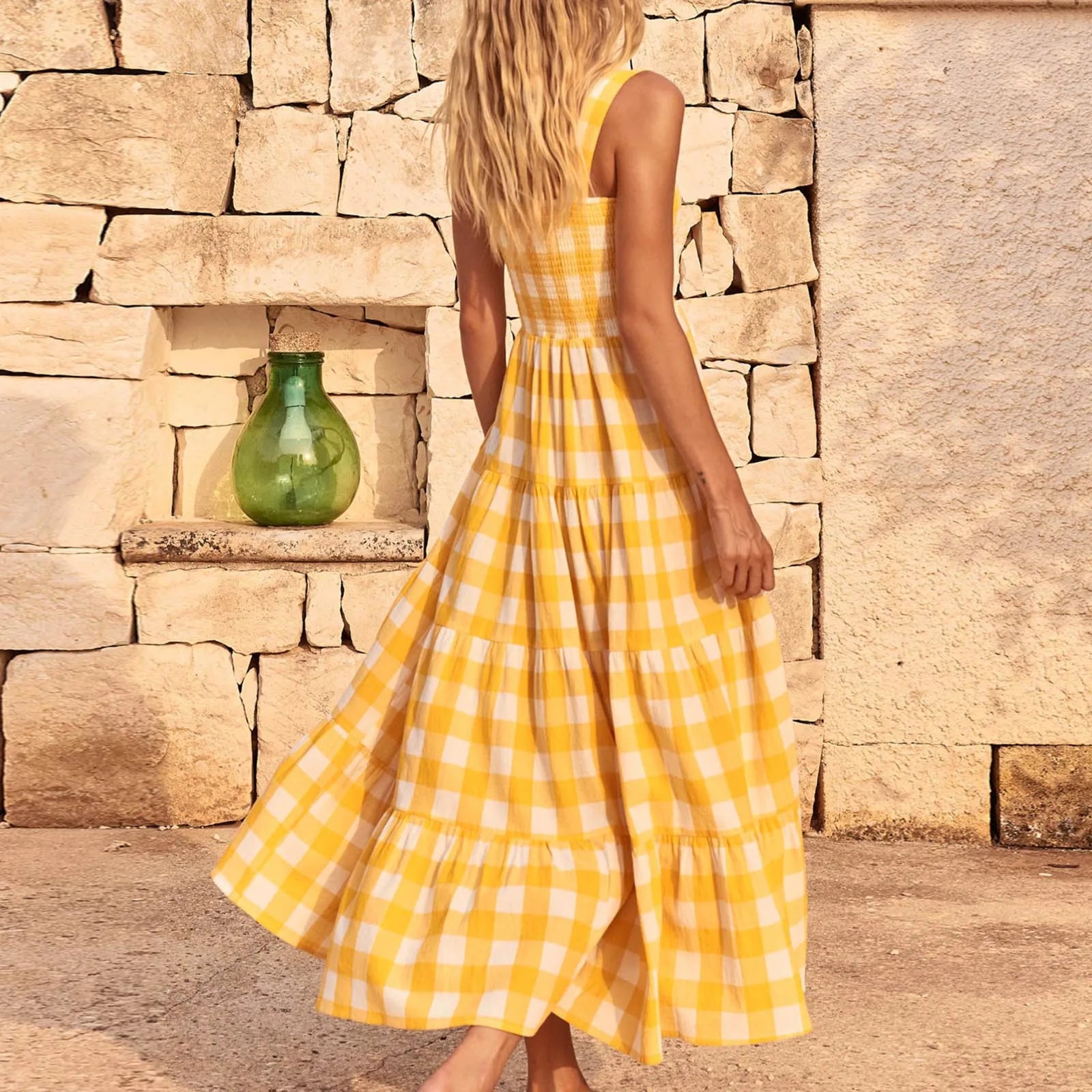Gingham Check Smocked Square Neck Tiered Strap Midi Dress