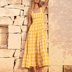 Gingham Check Smocked Square Neck Tiered Strap Midi Dress