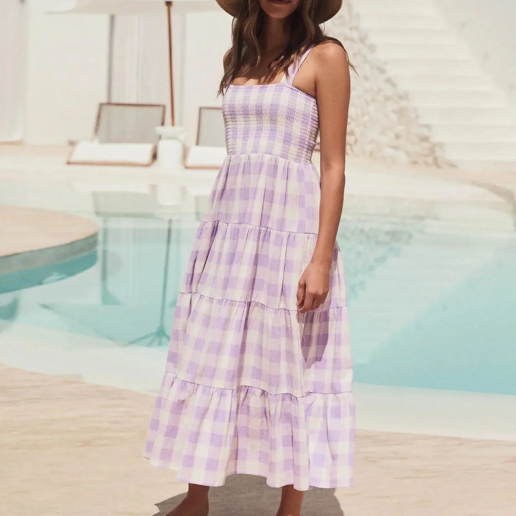 Gingham Check Smocked Square Neck Tiered Strap Midi Dress