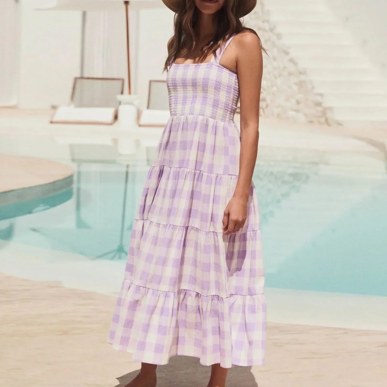 Gingham Check Smocked Square Neck Tiered Strap Midi Dress