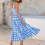 Gingham Check Smocked Square Neck Tiered Strap Midi Dress