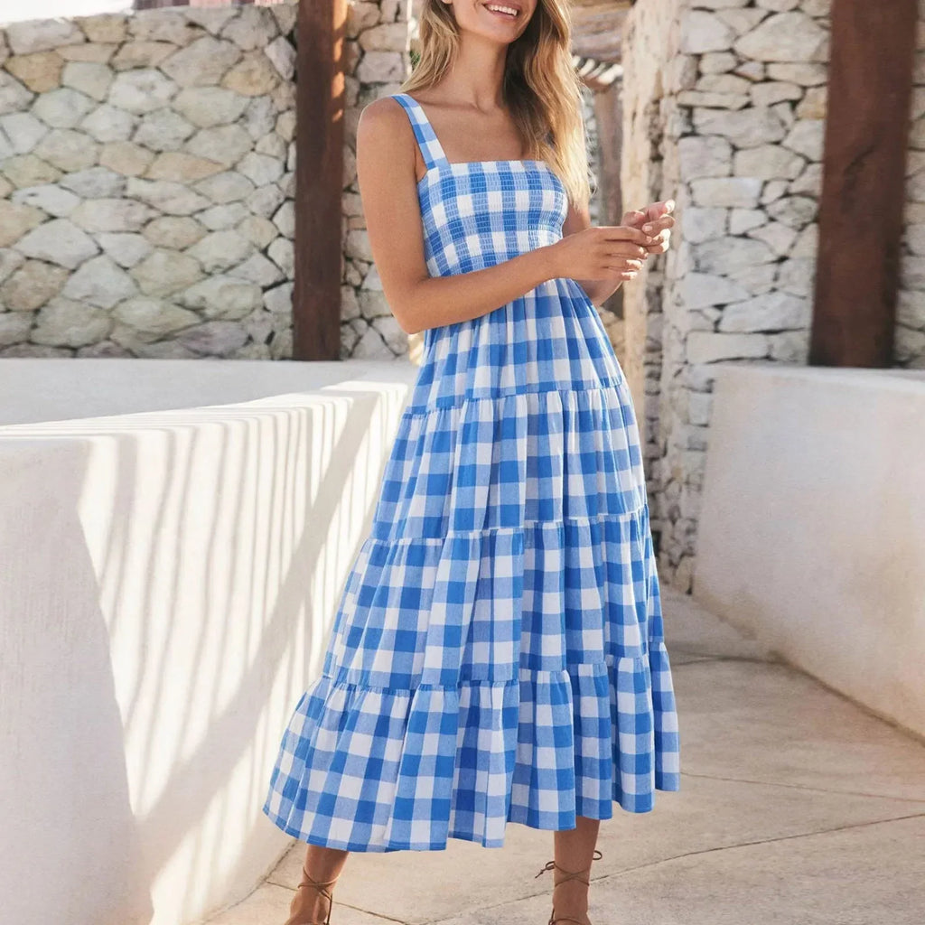 Gingham Check Smocked Square Neck Tiered Strap Midi Dress