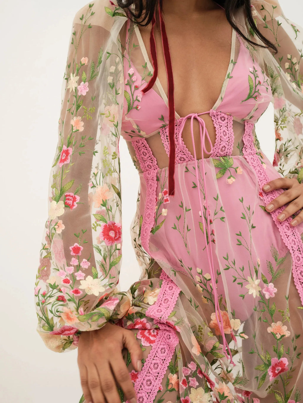 Floral Embroidery Sheer Mesh Bishop Sleeve Corset Waist Maxi Dress
