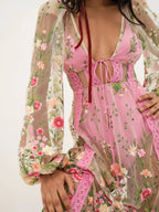 Floral Embroidery Sheer Mesh Bishop Sleeve Corset Waist Maxi Dress