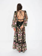 Floral Embroidery Sheer Mesh Bishop Sleeve Corset Waist Maxi Dress