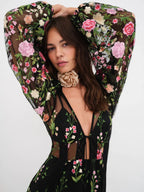 Floral Embroidery Sheer Mesh Bishop Sleeve Corset Waist Maxi Dress