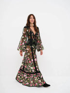 Floral Embroidery Sheer Mesh Bishop Sleeve Corset Waist Maxi Dress