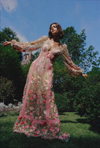 Floral Embroidery Sheer Mesh Bishop Sleeve Corset Waist Maxi Dress