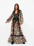 Floral Embroidery Sheer Mesh Bishop Sleeve Corset Waist Maxi Dress