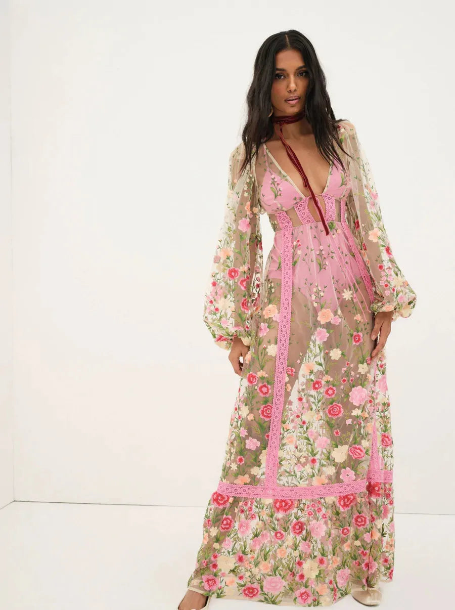 Floral Embroidery Sheer Mesh Bishop Sleeve Corset Waist Maxi Dress