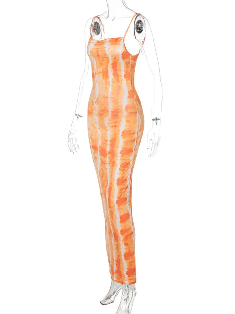 Tie Dye Print Cowl Neck Spaghetti Strap Bodycon Maxi Dress