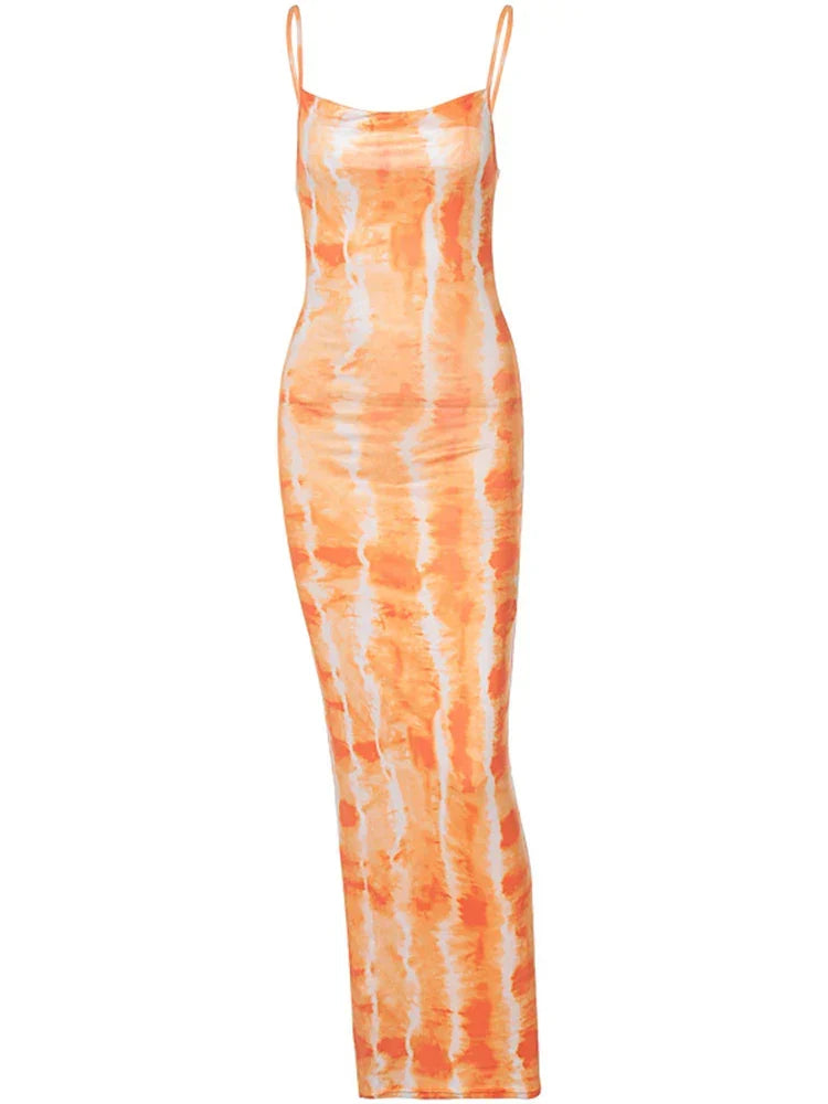 Tie Dye Print Cowl Neck Spaghetti Strap Bodycon Maxi Dress
