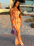 Tie Dye Print Cowl Neck Spaghetti Strap Bodycon Maxi Dress