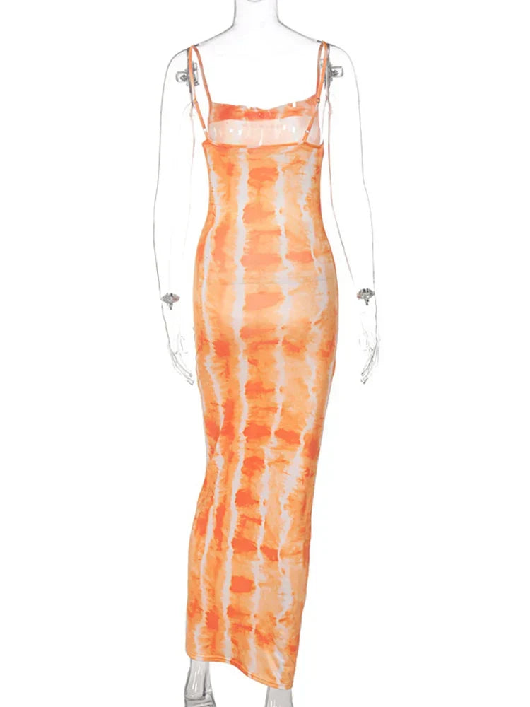 Tie Dye Print Cowl Neck Spaghetti Strap Bodycon Maxi Dress