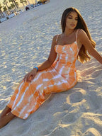 Tie Dye Print Cowl Neck Spaghetti Strap Bodycon Maxi Dress