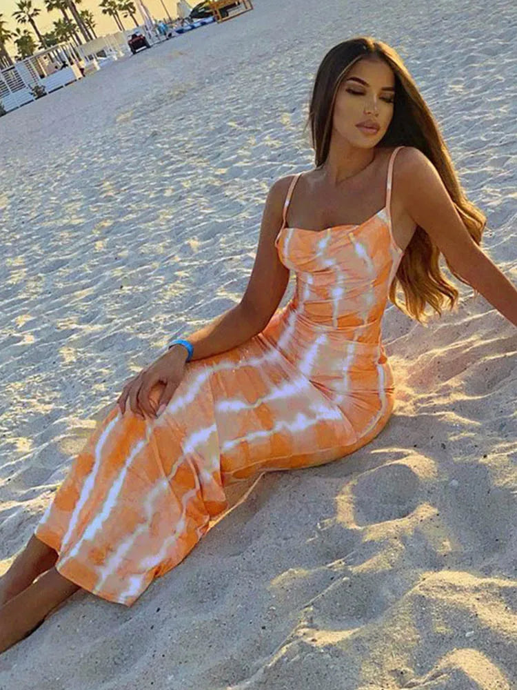 Tie Dye Print Cowl Neck Spaghetti Strap Bodycon Maxi Dress
