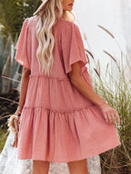 V Neck Drawstring Tie Tiered Flutter Sleeve Babydoll Mini Dress