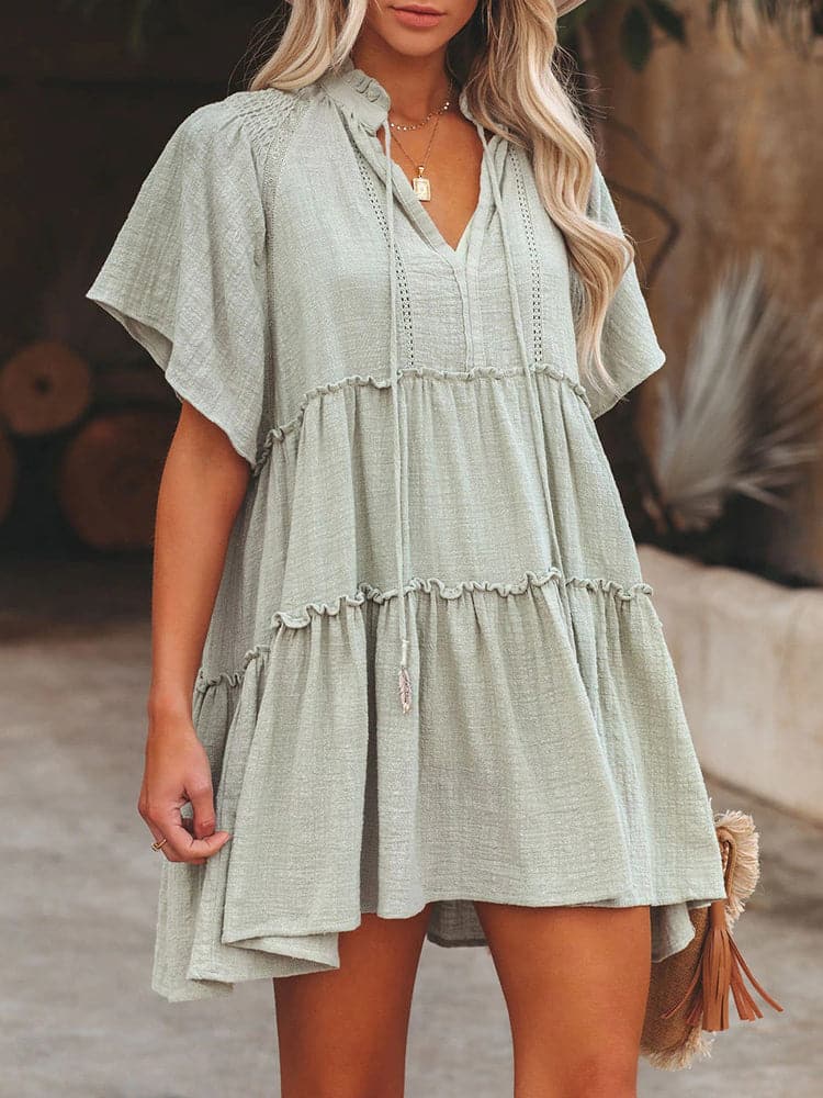 V Neck Drawstring Tie Tiered Flutter Sleeve Babydoll Mini Dress