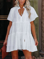 V Neck Drawstring Tie Tiered Flutter Sleeve Babydoll Mini Dress