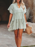 V Neck Drawstring Tie Tiered Flutter Sleeve Babydoll Mini Dress