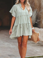 V Neck Drawstring Tie Tiered Flutter Sleeve Babydoll Mini Dress