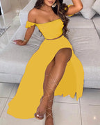 Polka Dot Off Shoulder Ruffle Crop and High Slit Maxi Skirt Set