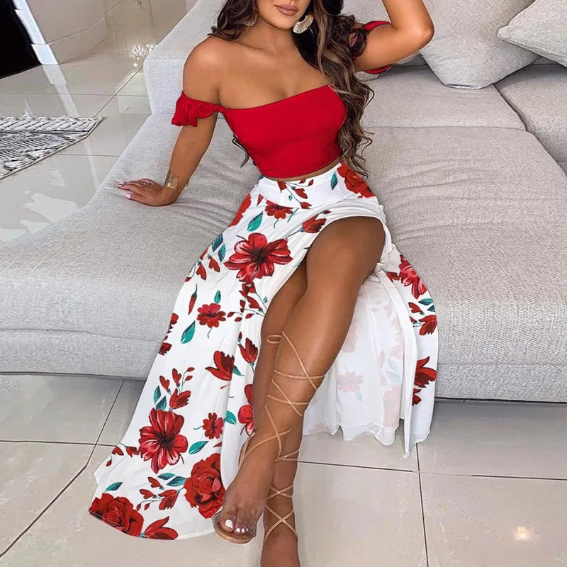 Polka Dot Off Shoulder Ruffle Crop and High Slit Maxi Skirt Set