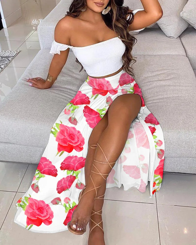 Polka Dot Off Shoulder Ruffle Crop and High Slit Maxi Skirt Set