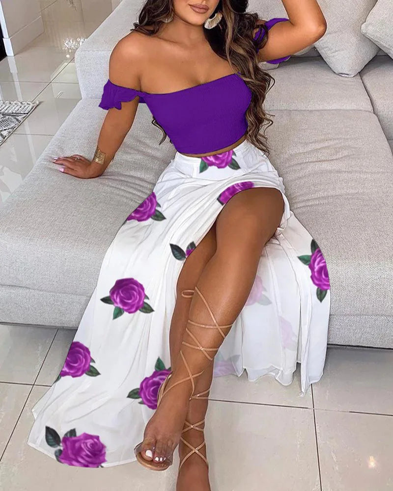 Polka Dot Off Shoulder Ruffle Crop and High Slit Maxi Skirt Set