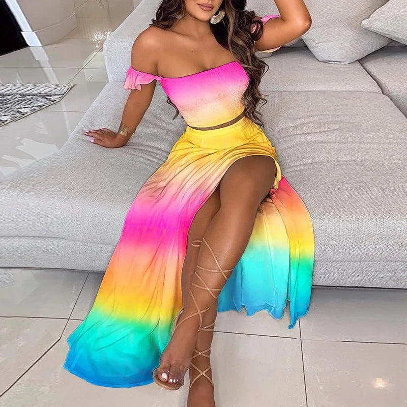 Polka Dot Off Shoulder Ruffle Crop and High Slit Maxi Skirt Set