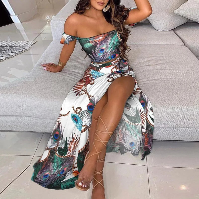 Polka Dot Off Shoulder Ruffle Crop and High Slit Maxi Skirt Set