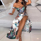 Polka Dot Off Shoulder Ruffle Crop and High Slit Maxi Skirt Set