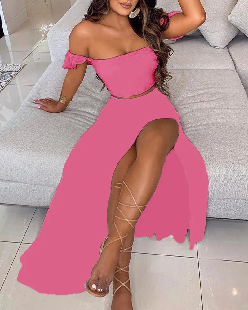 Polka Dot Off Shoulder Ruffle Crop and High Slit Maxi Skirt Set