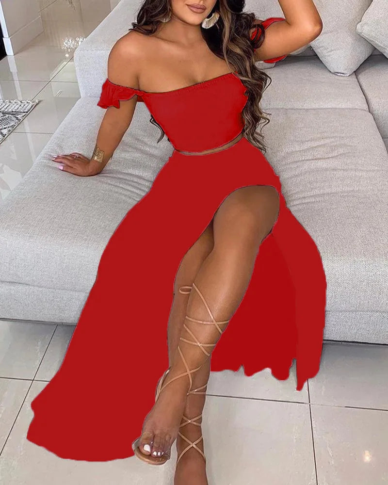 Polka Dot Off Shoulder Ruffle Crop and High Slit Maxi Skirt Set