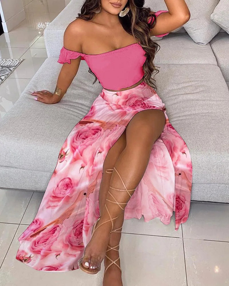 Polka Dot Off Shoulder Ruffle Crop and High Slit Maxi Skirt Set