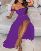 Polka Dot Off Shoulder Ruffle Crop and High Slit Maxi Skirt Set
